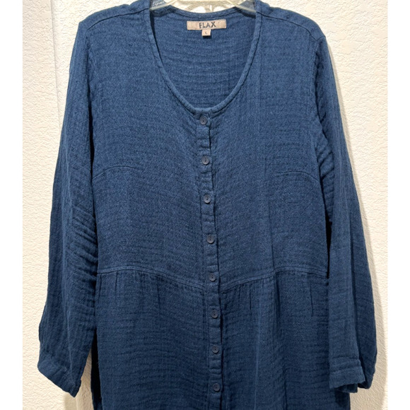 Flax Womens Tunic Top Button Front Blue Linen Pockets Long Sleeve Sz L Relaxed - Picture 5 of 9